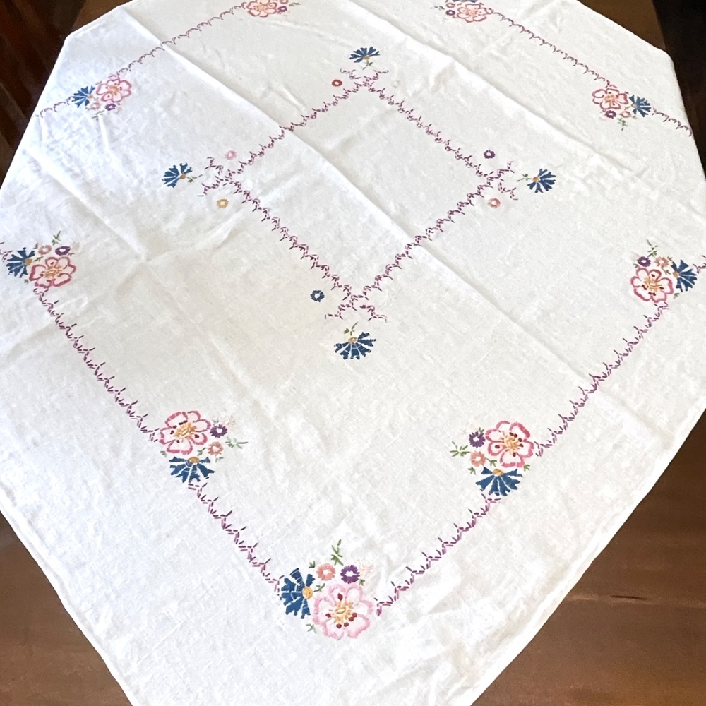 Vintage Embroidered Linen Tablecloth White & Multi Color Floral 49 x 52